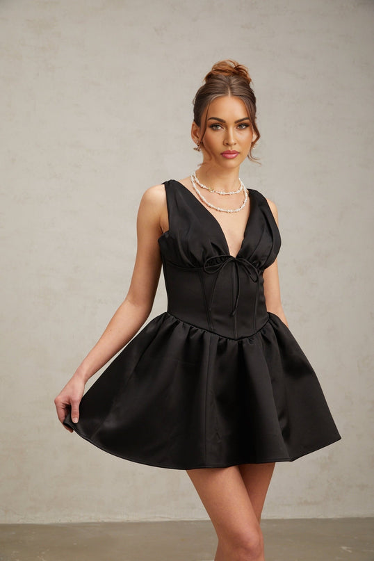 Nicole Black Silk Acetate Mini Dress with Bowknot Design