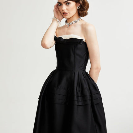 Nicole Black and White Bow Detail Strapless Midi Dress