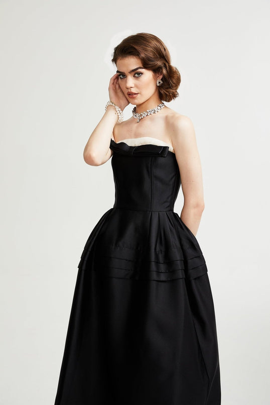 Nicole Black and White Bow Detail Strapless Midi Dress