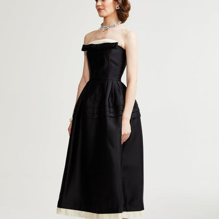 Nicole Black and White Bow Detail Strapless Midi Dress with Off-the-Shoulder Silhouette and Curved Hem in Luxurious Terylene Cotton Blend