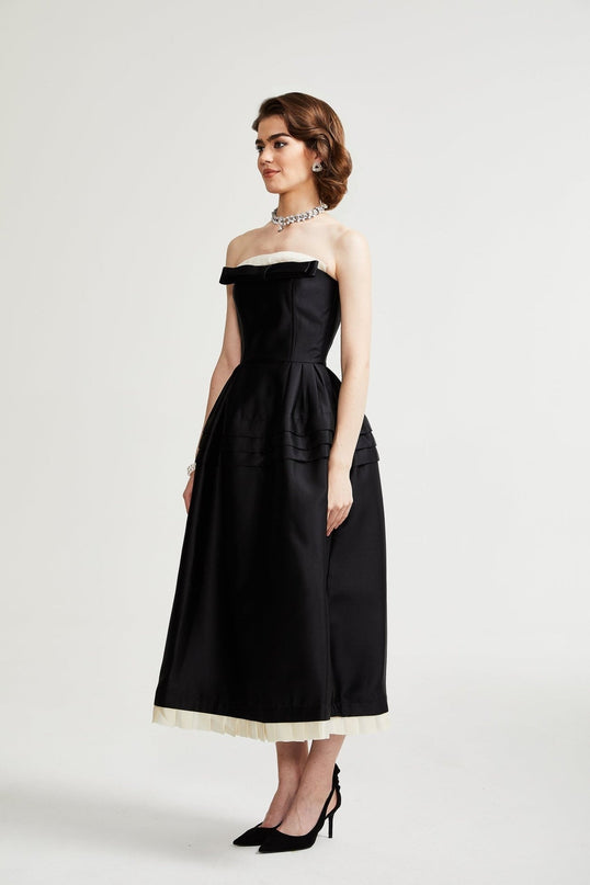 Nicole Black and White Bow Detail Strapless Midi Dress with Off-the-Shoulder Silhouette and Curved Hem in Luxurious Terylene Cotton Blend