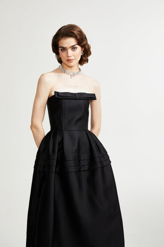 Nicole Black and White Midi Dress with Bow Detail