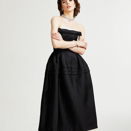 Nicole Black and White Midi Dress with Bow Detail
