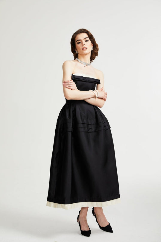 Nicole Black and White Midi Dress with Bow Detail
