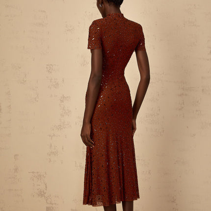 Nicole Brown Rhinestone Crystal Embellished Tulle Midi Dress with Mock Neck and Flared Hem