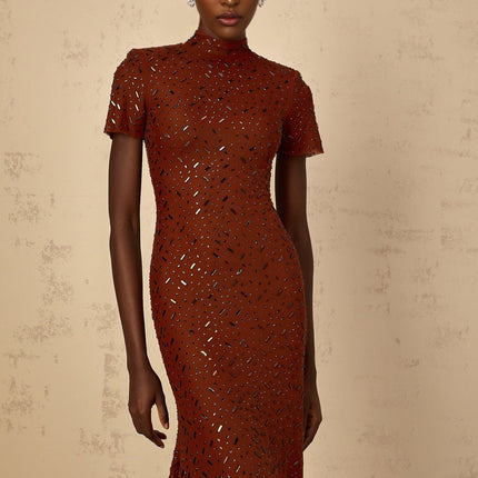 Nicole Brown Rhinestone Crystal Embellished Midi Dress Tulle Flared Hem Mock Neck Cinched Waist Brown