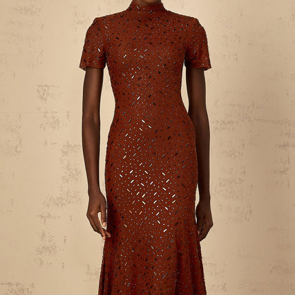 Nicole Brown Rhinestone Crystal Embellished Tulle Midi Dress Brown