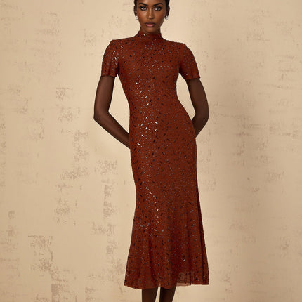 Nicole Brown Rhinestone Crystal Embellished Tulle Midi Dress with Mock Neck and Flared Hem