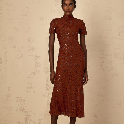 Nicole Brown Rhinestone Crystal Embellished Tulle Midi Dress in Brown
