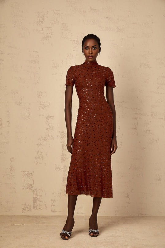 Nicole Brown Rhinestone Crystal Embellished Tulle Midi Dress in Brown