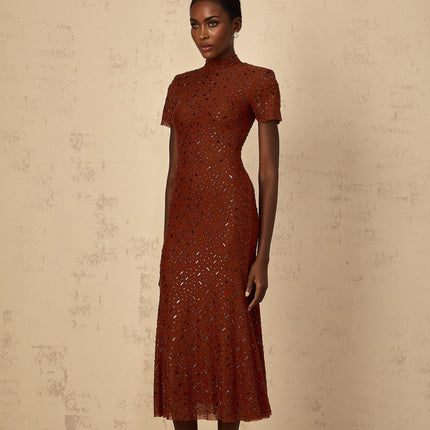 Nicole Brown Rhinestone Crystal Embellished Tulle Midi Dress with Mock Neck and Flared Hem