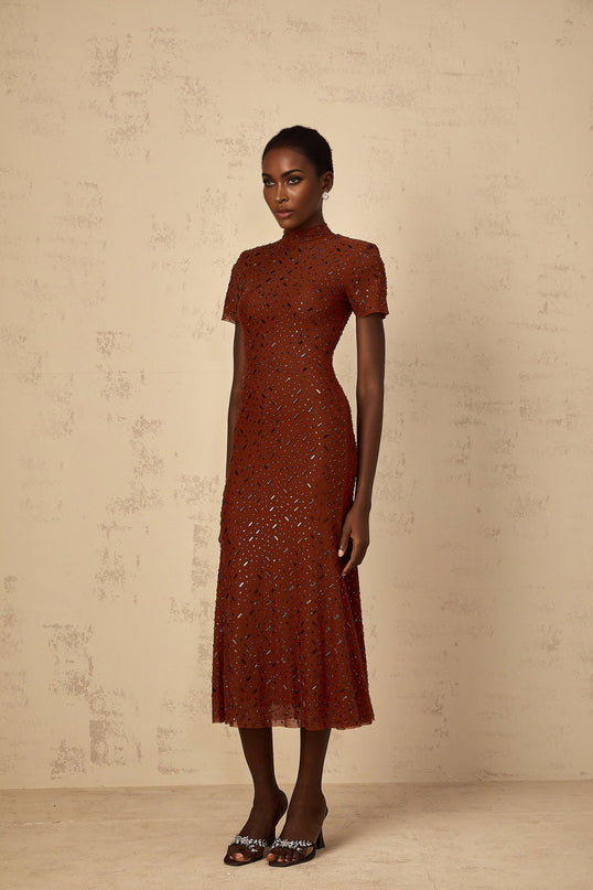 Nicole Brown Rhinestone Crystal Embellished Tulle Midi Dress with Mock Neck and Flared Hem