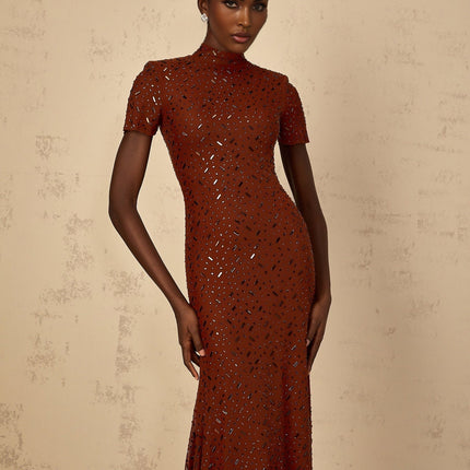 Nicole Brown Rhinestone Crystal Embellished Tulle Midi Dress with Mock Neck and Flared Hem