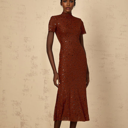 Nicole Brown Rhinestone Crystal Embellished Tulle Midi Dress
