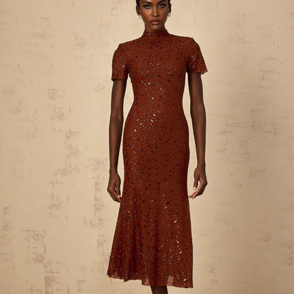 Nicole Brown Rhinestone Crystal Embellished Tulle Midi Dress in Brown