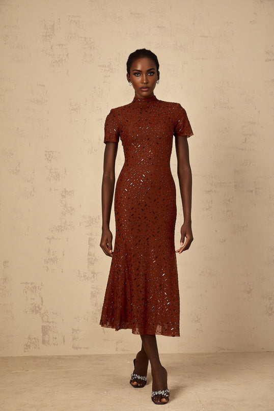 Nicole Brown Rhinestone Crystal Embellished Tulle Midi Dress in Brown