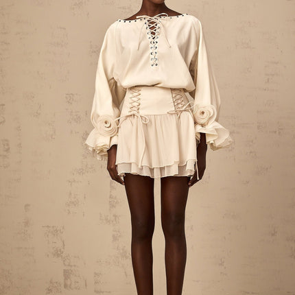 Nicole Floral Appliqué Blouse & Layered Skirt Set Neutrals