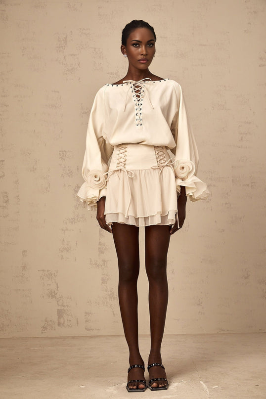 Nicole Floral Appliqué Blouse & Layered Skirt Set Neutrals