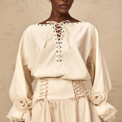 Nicole Floral Appliqué Blouse & Layered Skirt Set in Neutrals