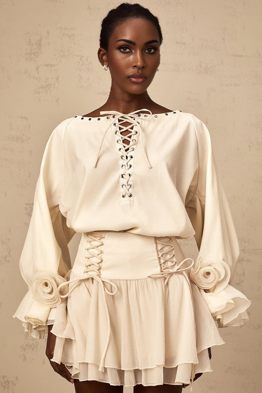 Nicole Floral Appliqué Blouse & Layered Skirt Set in Neutrals