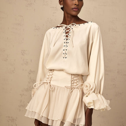 Nicole Floral Appliqué Blouse & Layered Skirt Set in Neutrals