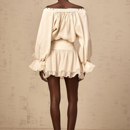 Nicole Floral Appliqué Blouse & Layered Skirt Set in Neutrals