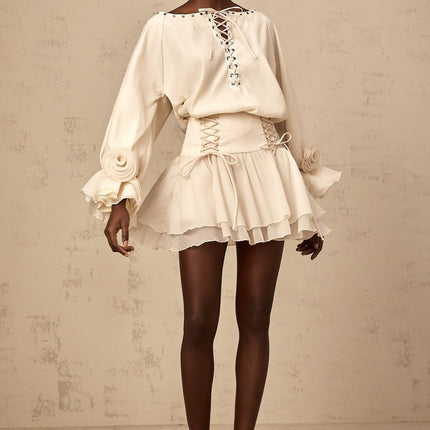 Nicole Floral Appliqué Blouse & Layered Skirt Set in Neutrals