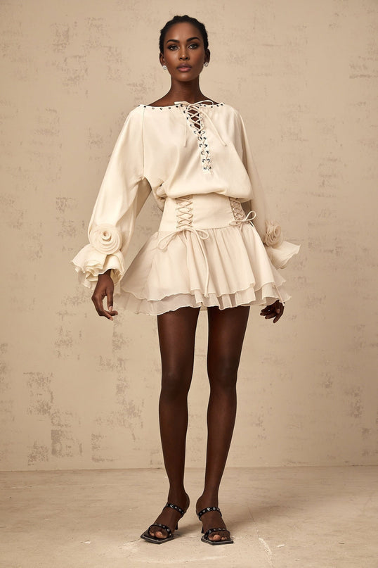 Nicole Floral Appliqué Blouse & Layered Skirt Set in Neutrals