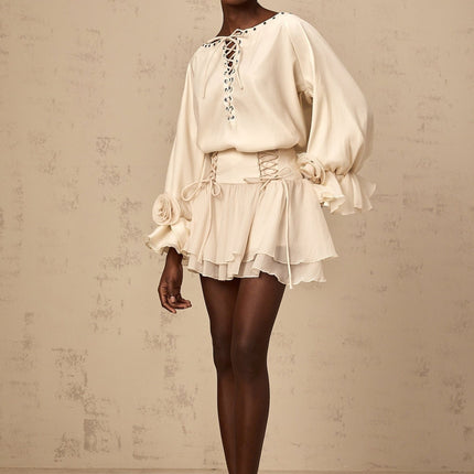 Nicole Floral Appliqué Blouse & Layered Skirt Set in Neutrals