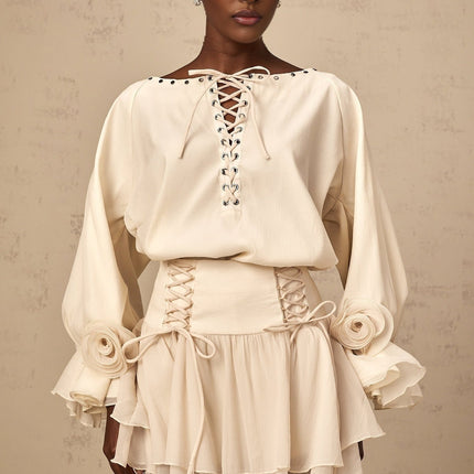 Nicole Floral Appliqué Blouse & Layered Skirt Set in Neutrals