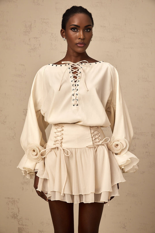 Nicole Floral Appliqué Blouse & Layered Skirt Set in Neutrals