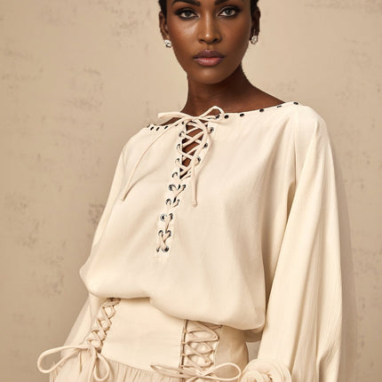 Nicole Floral Appliqué Blouse & Layered Skirt Set in Neutrals