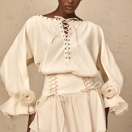 Nicole Floral Appliqué Blouse & Layered Skirt Set in Neutrals