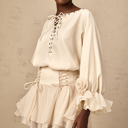 Nicole Floral Appliqué Blouse & Layered Skirt Set in Neutrals