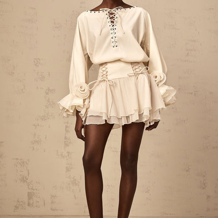 Nicole Floral Appliqué Blouse & Layered Skirt Set in Neutrals