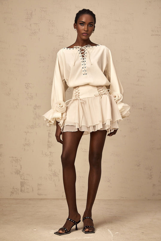 Nicole Floral Appliqué Blouse & Layered Skirt Set in Neutrals