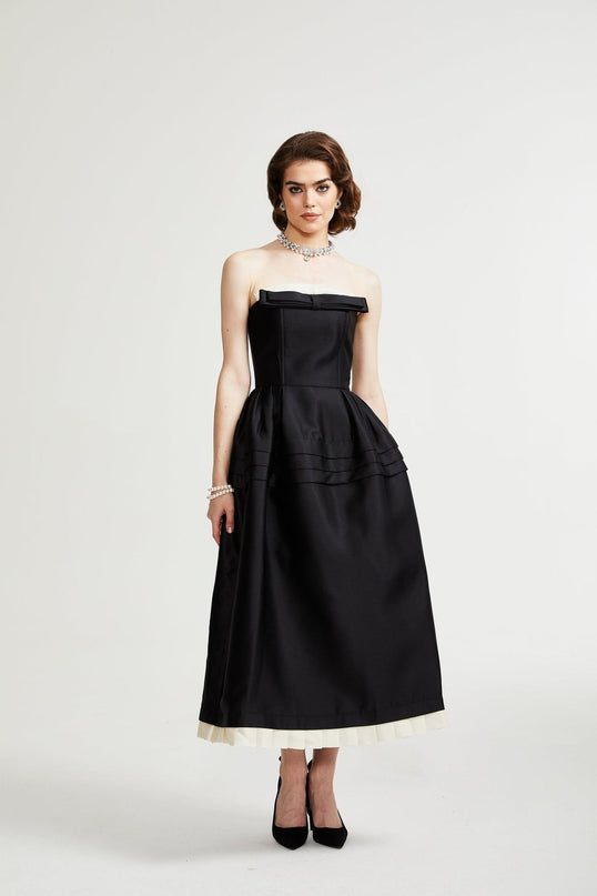 Nicole Black and White Bow Detail Midi Dress in Terylene and Cotton