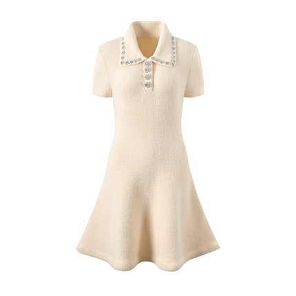 Nicole Mini Dress in Neutrals Sequin Design Waist Tightened Lapel Flared Hem Thigh Length Elegant Button Fastening