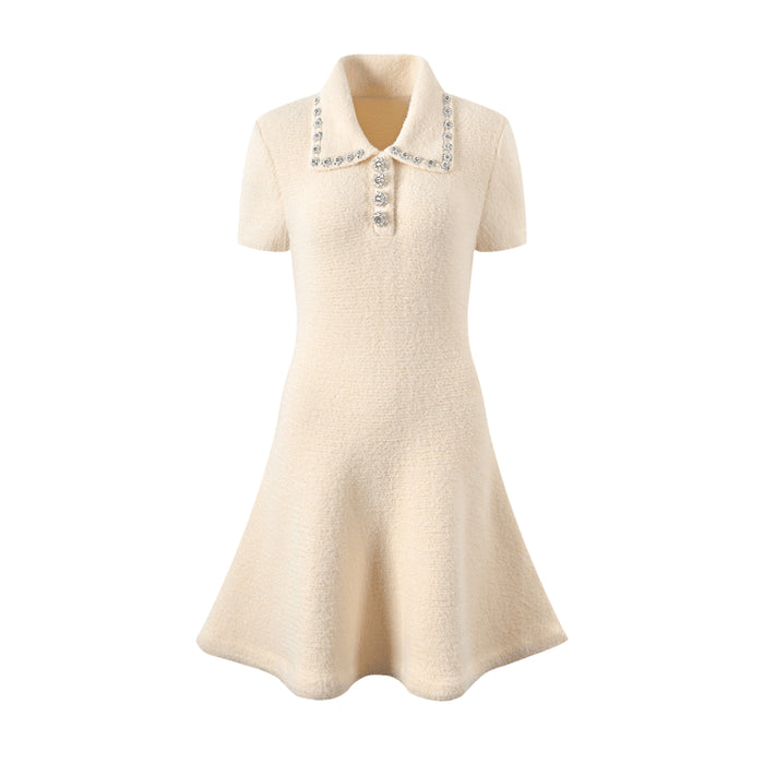Nicole Mini Dress in Neutrals Sequin Design Waist Tightened Lapel Flared Hem Thigh Length Elegant Button Fastening