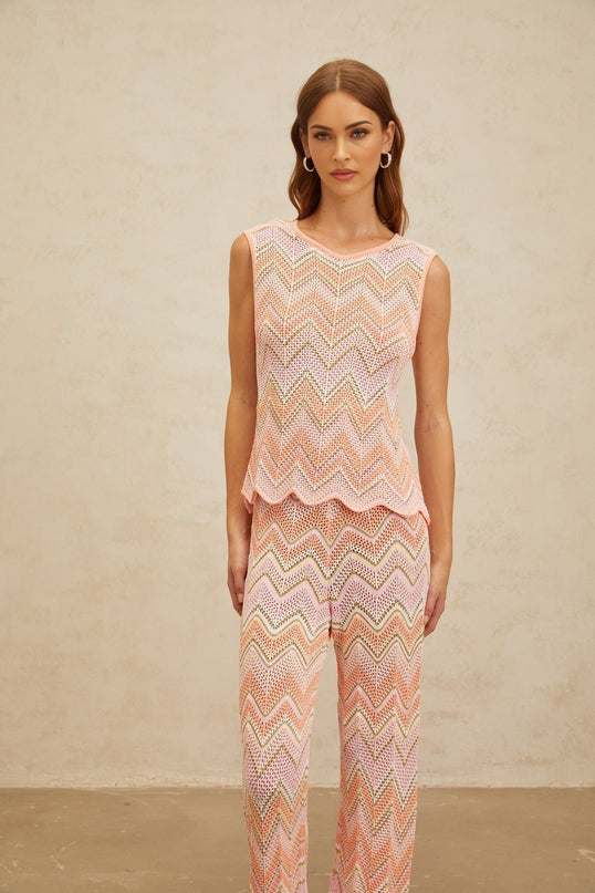 Nicole Pink Zigzag Pointelle Knit Top Trousers Set