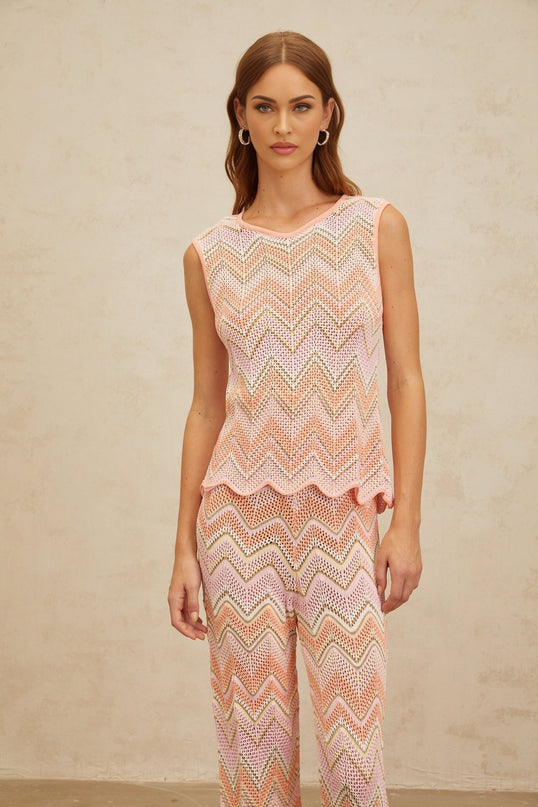 Nicole Pink Zigzag Pointelle Knit Top Trousers Set