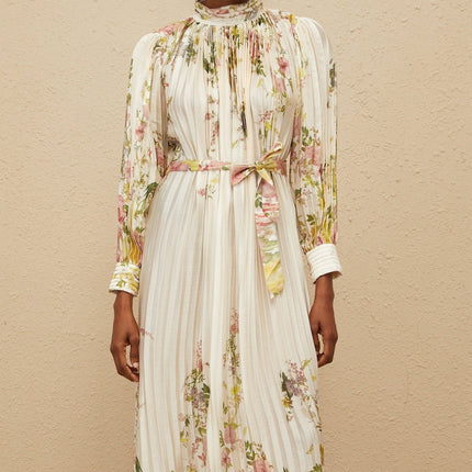 Nicole White Floral Print Midi Dress with Turtleneck and Pleated Design