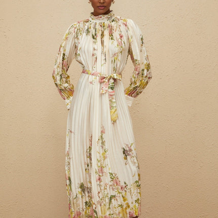 Nicole White Floral Print Midi Dress with Turtleneck and Pleated Design