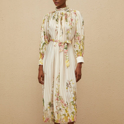 Nicole White Floral Print Midi Dress with Turtleneck and Cinched Waist