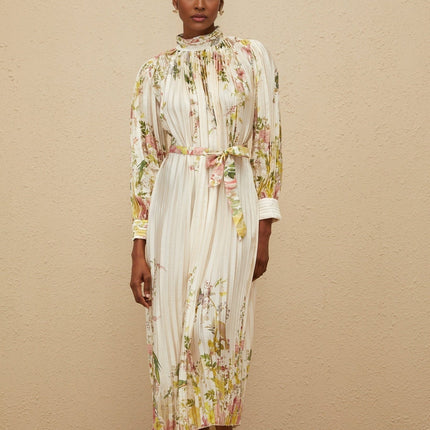 Nicole White Floral Print Midi Dress with Turtleneck and Pleated Design