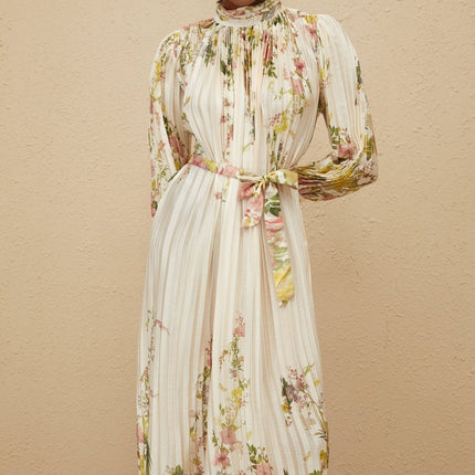 Nicole White Floral Print Turtleneck Midi Dress with Cinched Waist and Pleated Design