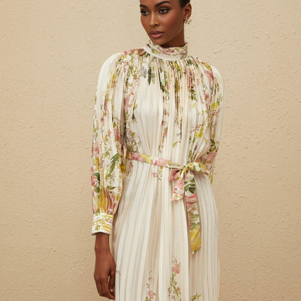 Nicole White Floral Print Turtleneck Midi Dress