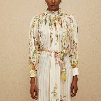 Nicole White Floral Print Turtleneck Midi Dress with Cinched Waist and Pleated Design