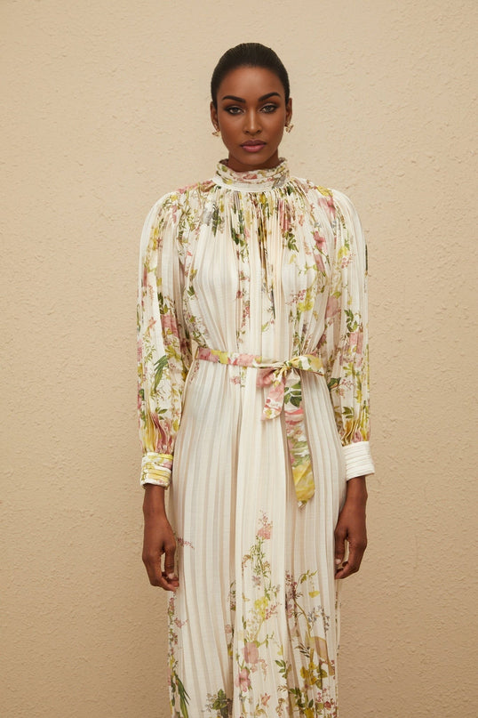 Nicole White Floral Print Turtleneck Midi Dress with Cinched Waist and Pleated Design