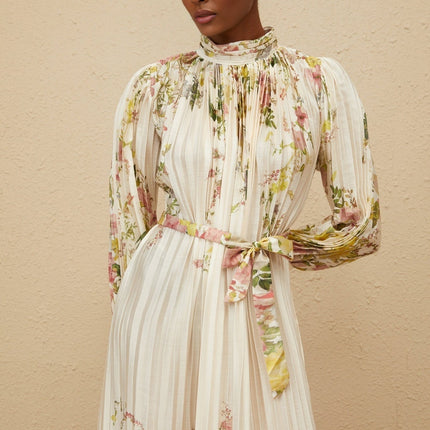 Nicole White Floral Print Turtleneck Midi Dress with Cinched Waist and Pleated Design